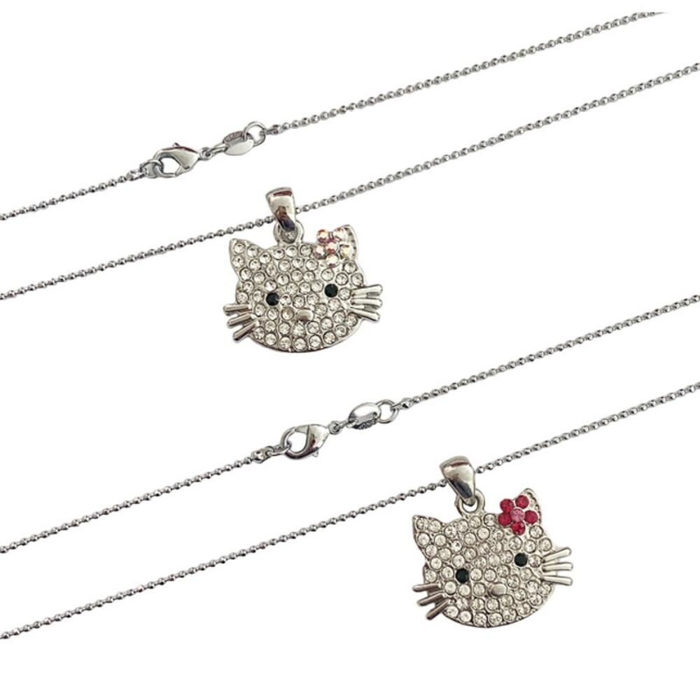 2 Hello Kitty Red Iridescent Crystal Flower Silver Plated Necklace Pendant Y2K
